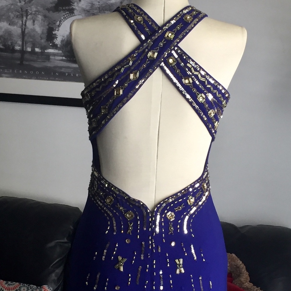 VTG Y2K Halley Logan Royal Blue Crisscross Beaded Halter Dress. Worn Once - Picture 5 of 16
